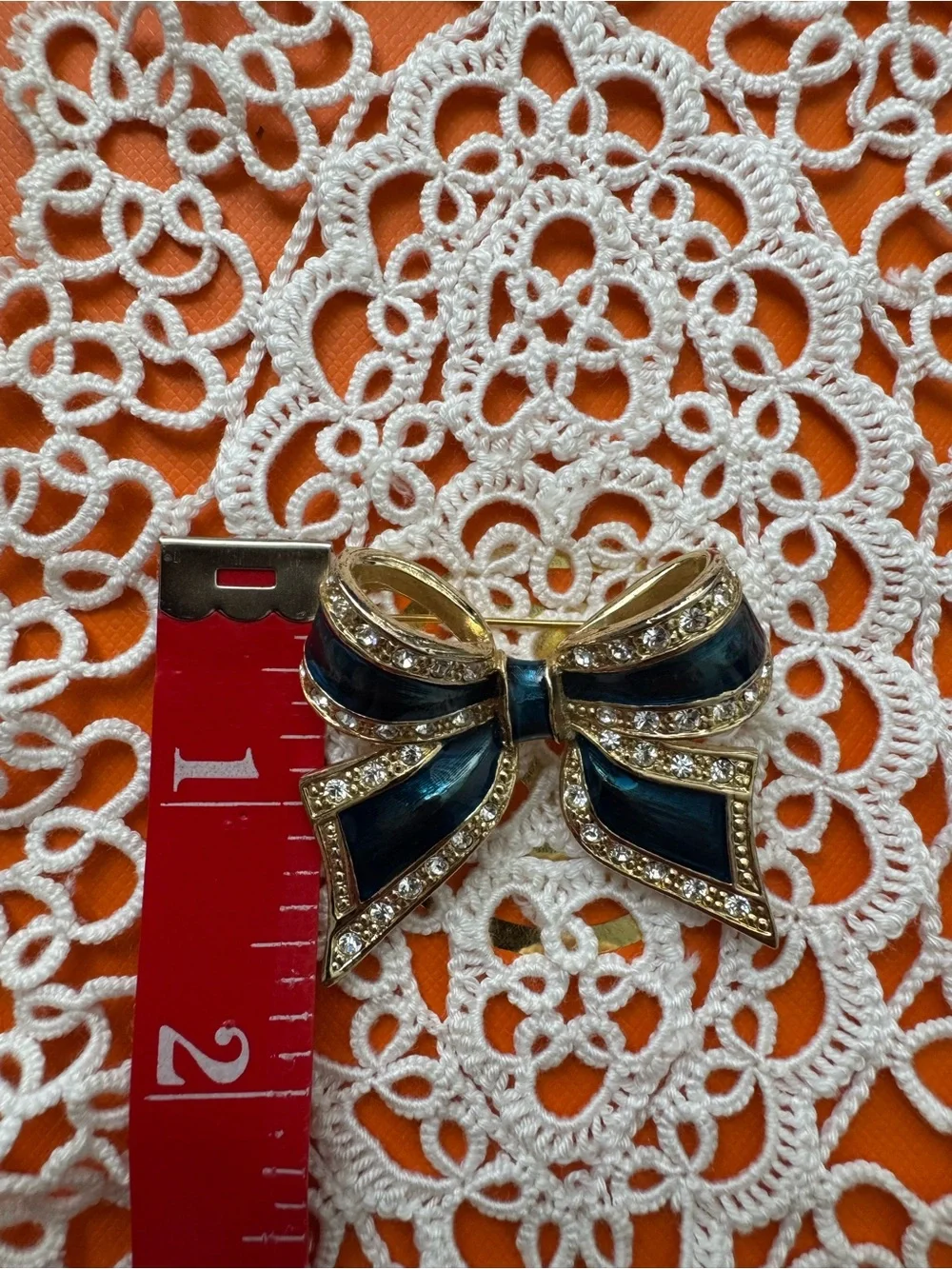 Nolan Miller Navy Enamel Bow Brooch with Crystal Trim